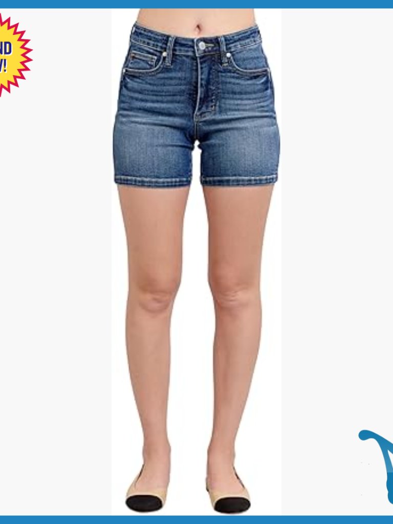 Mid Rise Tummy Control Denim Shorts, Mid Length, Casual Summer Wear